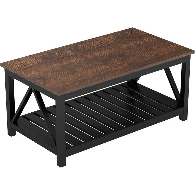 โต๊ะกาแฟสีดำโต๊ะย้อนยุคชนบทพร้อมชั้นวางห้องนั่งเล่นโต๊ะกาแฟ40นิ้ว