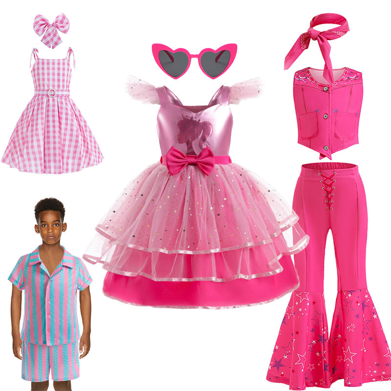 Summer Fancy Girl Barbi Plaid Print Dress Girls Boys Ken Outfit Live Action Movie Festival Party Carnival Children Clothing Set
