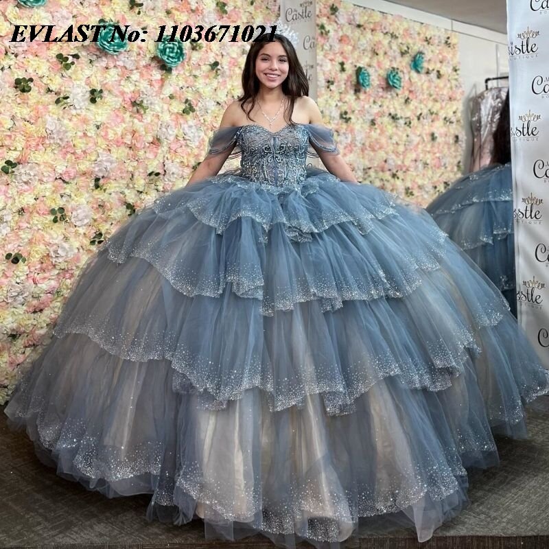 EVLAST Mexico Shiny Grey Quinceanera Dress Ball Gown Applique Beading Crystal Tiered Corset Sweet 16 Vestidos De XV 15 Anos SQ68