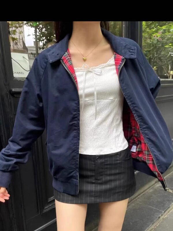 Harajuku Interne Rode Geruite Rits Flight Jacket Vrouwen Herfst Katoenen Dikke Opstaande Kraag Losse Jassen Chique Vintage Y 2K Jas Tops
