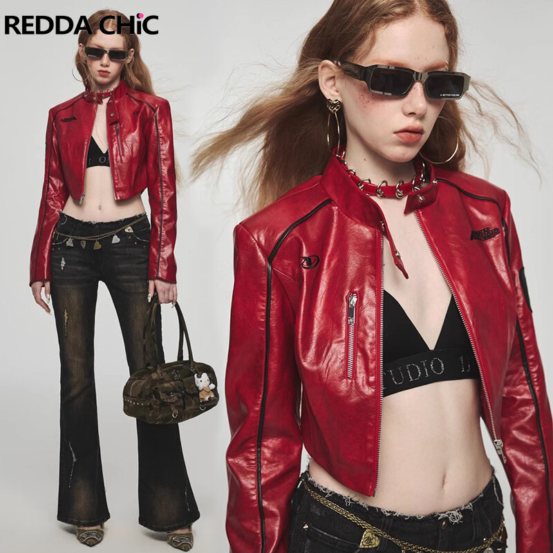 ReddaChic Leather Bomber Jacket for Women Stand Collar Long Sleeves Statue Outer Slim Cropped Jacket Coat Y2k Vintage Clothes