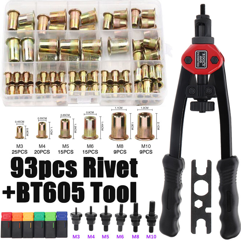 Mão de rosca Rivet Nuts Gun, Double Insert, Manual Riveter Gun, Rebitando Ferramenta, BT605, M3, M4, M5, M6, M8, M10, 93pcs