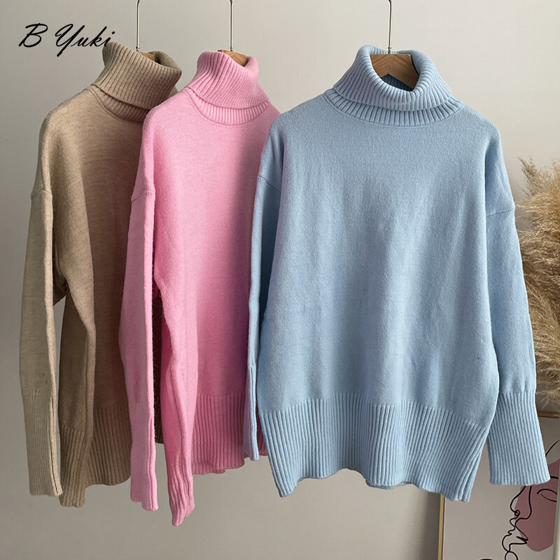 Blesyuki-suéter de cachemira de gran tamaño para mujer, Jersey de punto con abertura, básico, grueso, cálido, cuello alto, suave, Invierno 2023
