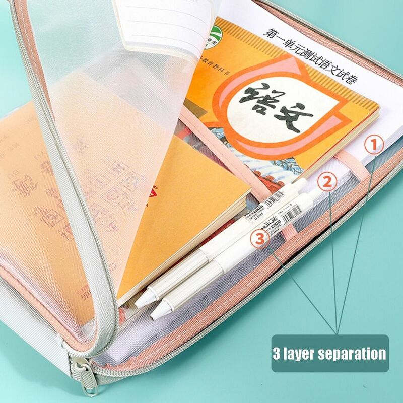 Large Capacity Test Paper Storage Bag Mesh Transparent File Folder Bag Durable Zipper File Pocket School Office Supplies