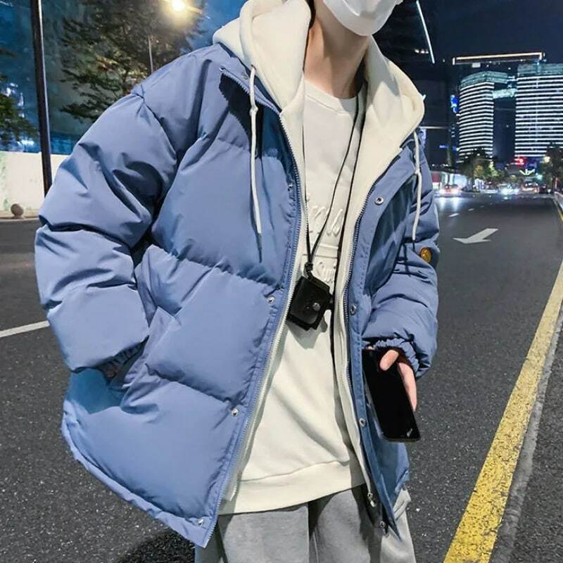 2023 New Men Down Cotton Coat Winter Jacket False Two Pieces Loose Parkas Hooded Fashion Outwear Student Large Size Overcoat