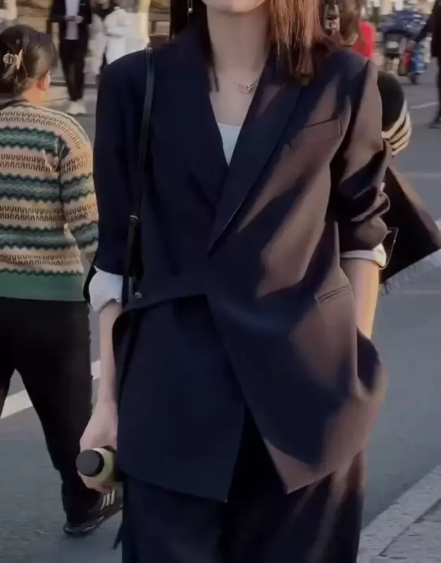Biurowa damska zestaw blezer elegancka koronka długi rękaw płaszcz z dekoltem w kształcie litery v wysoki stan proste spodnie garnitur 2023 Casual luźne, jesienne zestawy dla kobiet