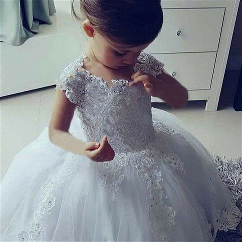 Vestido de baile sin mangas para niña, vestidos de princesa con flores, apliques con cuentas, impresionante, bonito vestido de primera comunión blanco