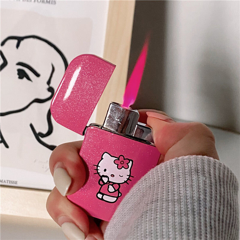 Hello Kitty Cat Pink Lighter Creative ighter Kawaii MyMelody Kuromi Cinnamo Sanrioed accendini antivento a fiamma rossa consegna veloce