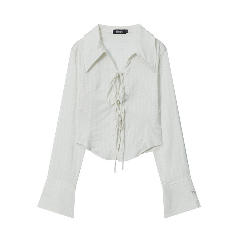 Button-up-Shirt Frauen Herbst neue Polo-Ausschnitt Schnür-Design Langarmhemd für weibliche Minderheit lässig würzigen Mädchen kurzes Hemd