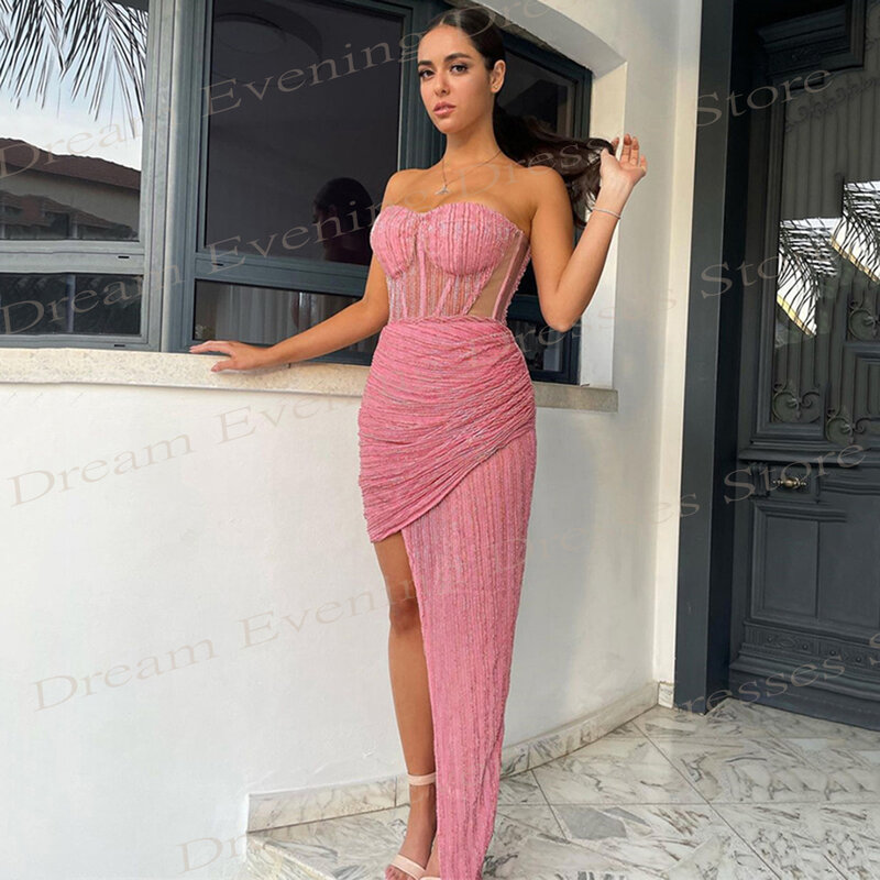 Shiny Pink Mermaid Modern Evening Dresses Sexy Strapless Sleeveless Prom Gowns With High Split Custom For Women Robe De Soiree