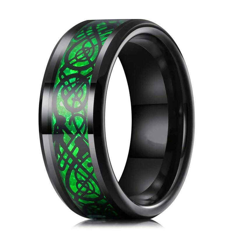 Fashion Green Carbon Fiber Inlay Black Tungsten Wedding Ring Voor Mannen Roestvrij Stalen Ring Keltische Draak Ring Mannen Wedding Band