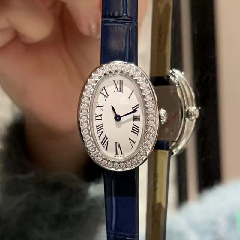 Designer Ovaal Stalen Diamant Kast Kristallen Spiegel Verzilverde Wijzerplaat Quartz Horloge 2024 Dames Nieuw Horloge Mode Luxe Horloge