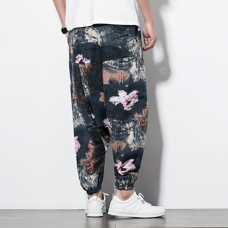 Spring/Summer Chinese style printed casual pants, men's loose crotch trendy hip-hop suspender leggings, and leggings