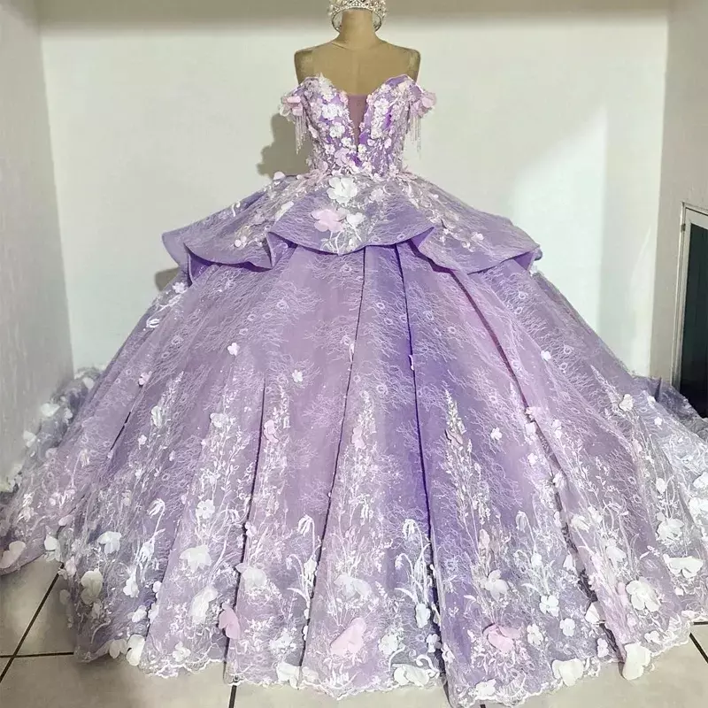 Laço lilás Princesa Quinceanera Vestidos, Vestido de baile, Flores 3D, Espartilho de baile, Aniversário de 15 anos, Luxo