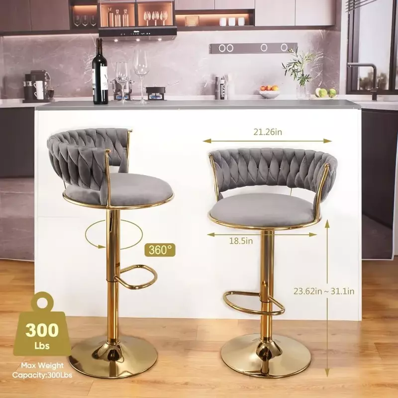 Bar Stools Set of 2, Modern Gold Velvet Barstool with Backs, Adjustable Height and Swivel, Kitchen Bars Chairs, Bar Chair