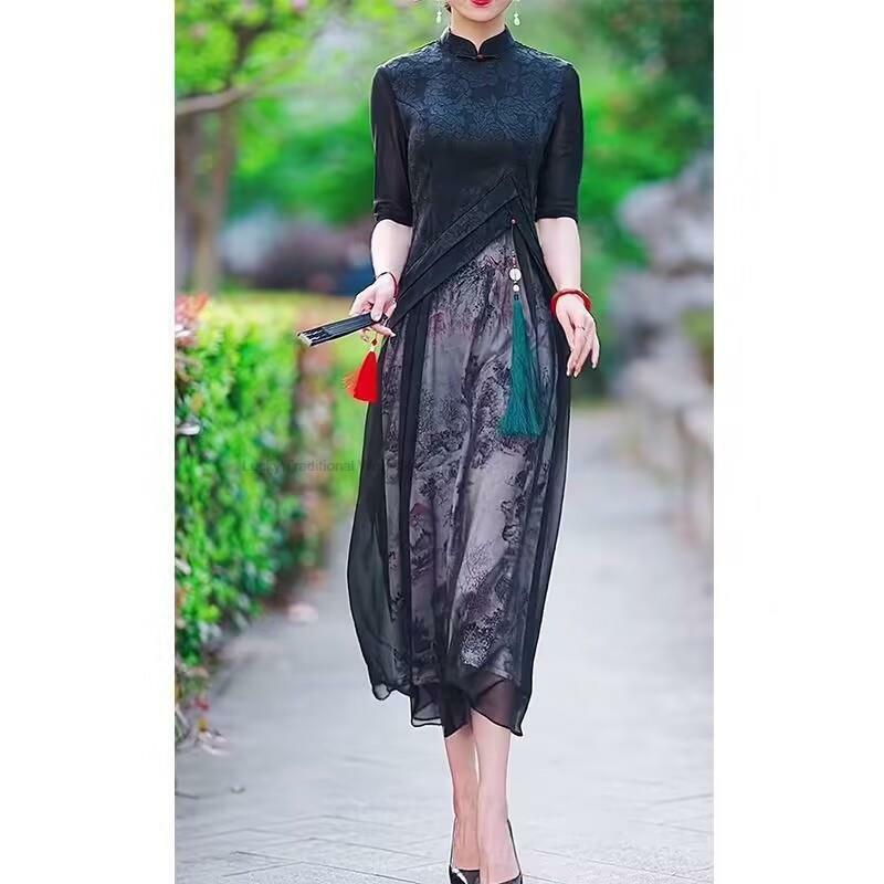Chinesischer Sommer neue verbesserte Cheong sam Kleid chinesischen Stil kurze Ärmel Quaste Kleid Nähte Design Qipao Frauen Kleidung