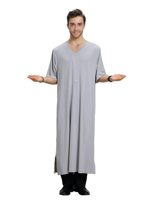 Muslim jubah tidur pria, baju gamis Arab warna murni leher V lengan pendek musim panas untuk lelaki dan dewasa