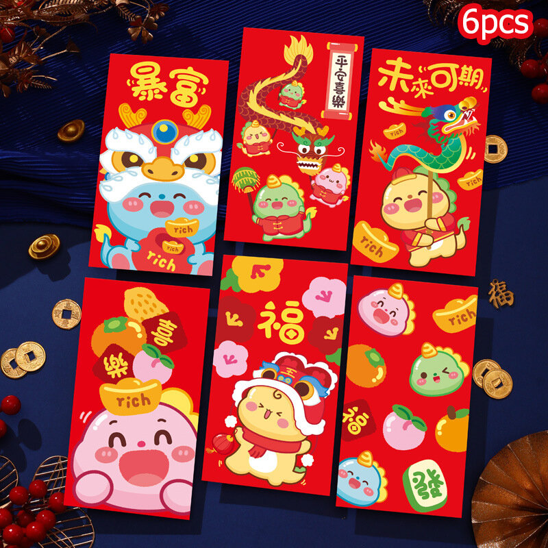 Sac d'argent porte-bonheur pour le nouvel an chinois, enveloppe de dessin animé de l'année du dragon, accessoire de festival de printemps, enveloppe rouge, sac d'argent porte-bonheur, 6 pièces