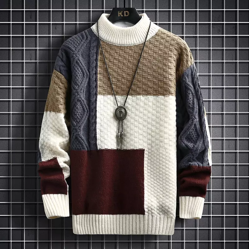 Suéter de costura combinando cores masculino, pulôver com gola redonda, suéter grosso de malha, moda quente, outono, inverno, 2023