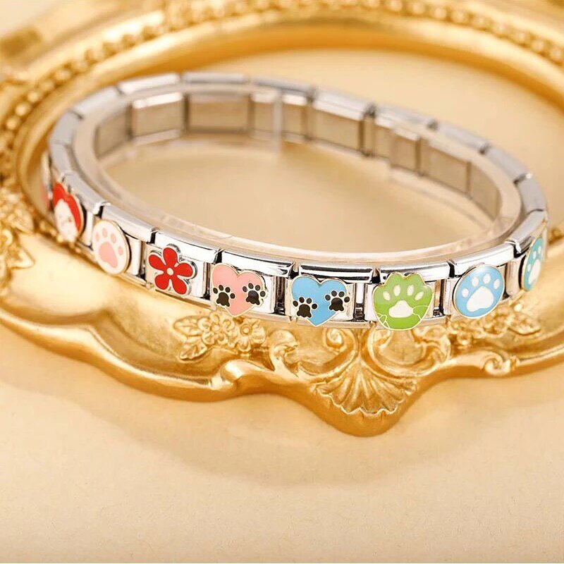 Hapiship 2024 Fashion Pretty Colors Flower Round Dog Paw Charm Italian Links Fit 9mm Bracelet Making Women DIY Jewelry DJ1141-C