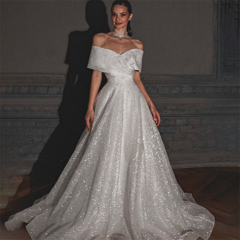 Vintage Glitter Wedding Dresses Off Shoulder Shiny V-Neck A-Line Backless Bridal Gowns Sparkly Proncess Pageant Bride Dress 2023