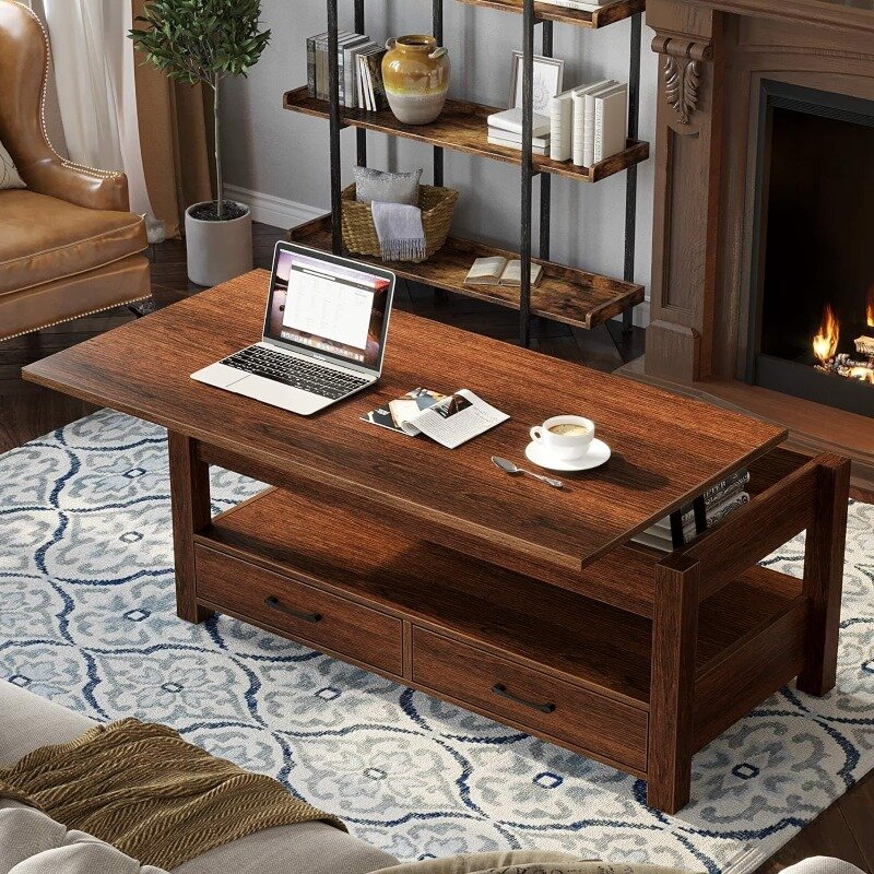 โต๊ะกาแฟโต๊ะกาแฟแบบยกขึ้นพร้อมลิ้นชักและช่องซ่อนโต๊ะกลางแบบย้อนยุคพร้อมโต๊ะยกไม้