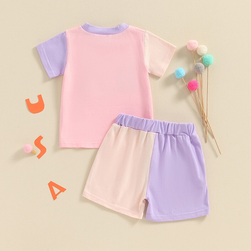 Lioraitiin setelan baju bayi lelaki perempuan, atasan bordir huruf lengan pendek + warna kontras celana pendek musim panas