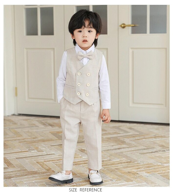 Boys Soft Breathable Vest Shirt Pants Bowtie Photograph Suit Children Wedding Dress Kids Kindergarten School Uniform Costume