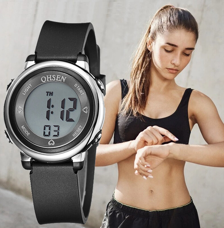 Ohsen relógios femininos relógio lcd digital pulseira de silicone preto crianças relógio de pulso à prova dwaterproof água esporte eletrônico relogio feminino