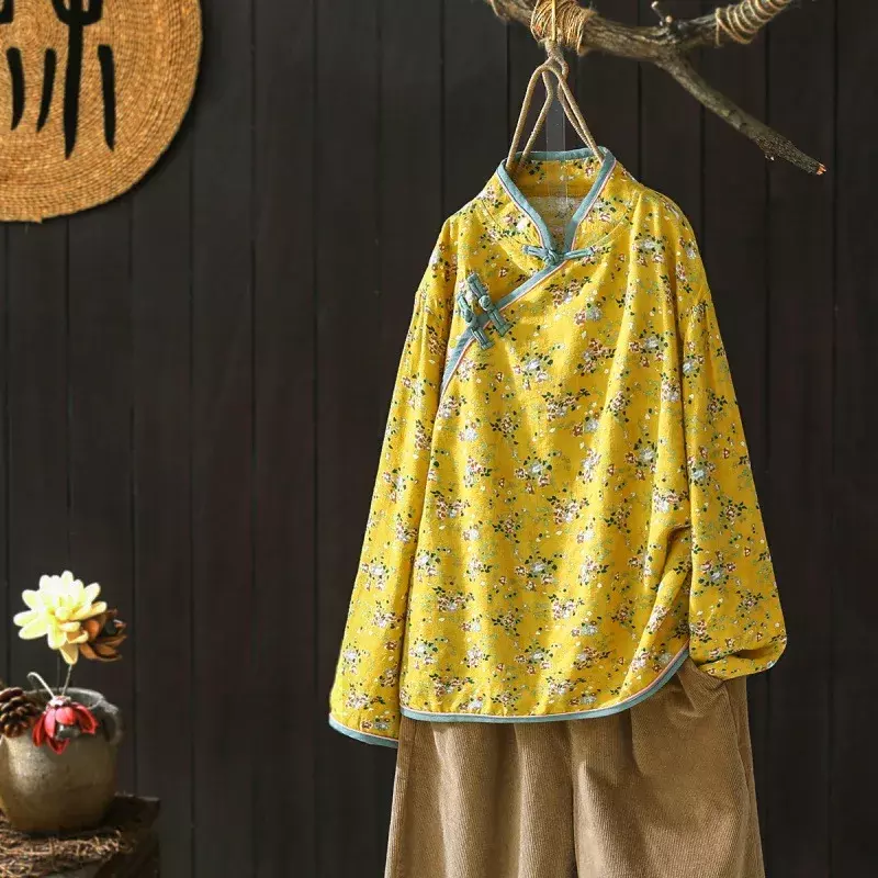 Camisa de manga larga con cuello levantado para mujer, blusa Floral de lino y algodón con botones, estilo chino Retro, Top de traje Tang para otoño
