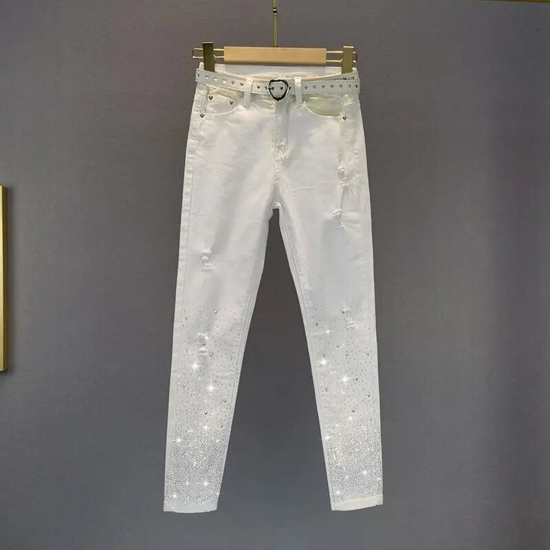 2023ฤดูใบไม้ผลิฤดูร้อนสีขาวกางเกงยีนส์ผู้หญิงใหม่ยุโรปยืดหยุ่นกระชับ Celana Jeans Denim Hot Rhinestone สูงเอวกางเกงรัดรูป