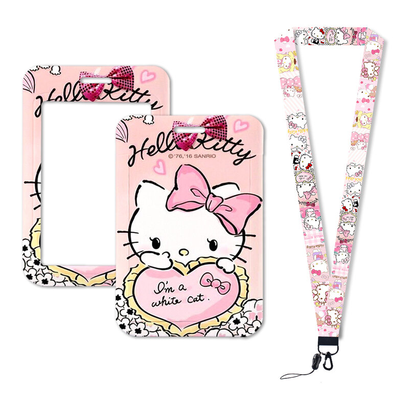 Correa para el cuello con tarjeta W, cordones de Hello Kitty, soporte para insignia de identificación, llavero, llavero, cuerda colgante, accesorios, regalos