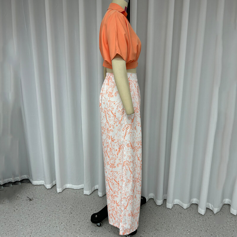 Wefads Womens Tweedelige Sets Sexy Mid Mouwen Shirt Elgant Bloemenprint Wijde Pijpen Broek Hoge Streetwear