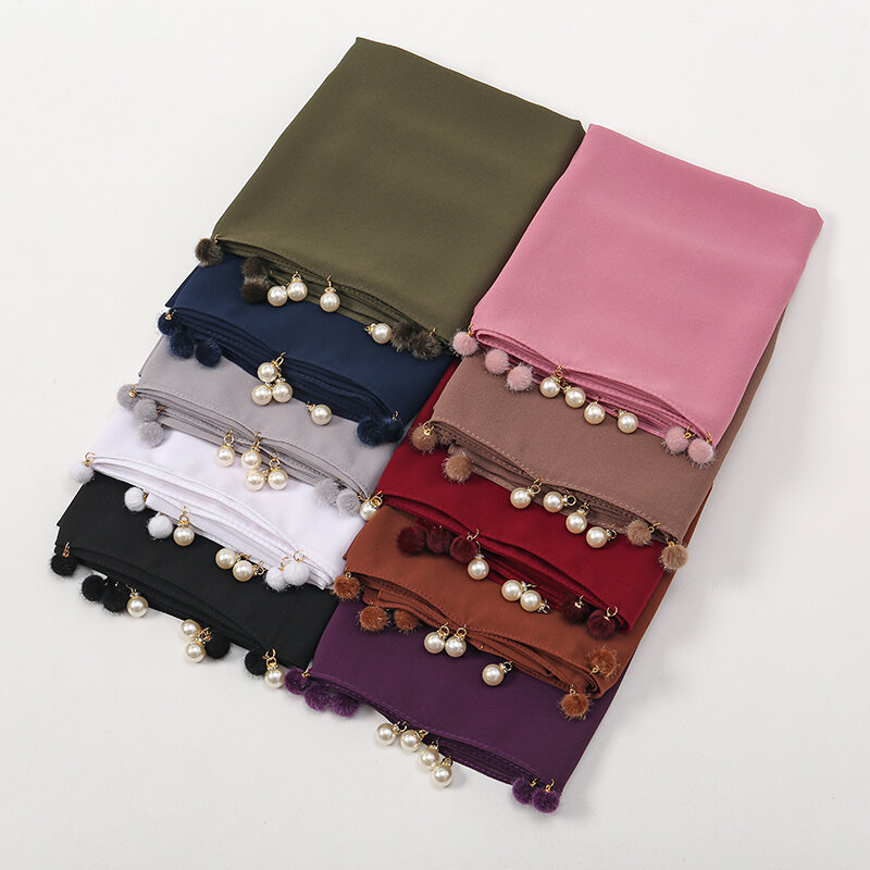 Bufanda de chifón para mujer, largo y suave de Color sólido Hijab musulmán, chal con cuentas de perlas, Hijabs con borlas
