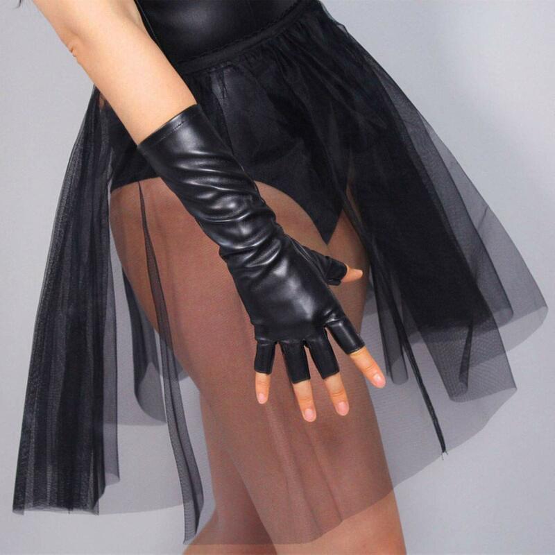 Women's Faux Leather Half Finger Gloves Over Wrist 28cm PU Fingerless Glove for Motorcycle Driving Halloween Party Nightclub