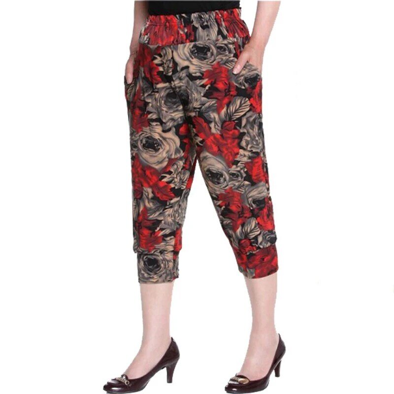 กางเกงฮาเร็มผู้หญิงสูงอายุง่ายแบบยืดหยุ่น, กางเกงเอวยางยืดมีกระเป๋ากางเกงทรงหลวมคร็อปแพนท์