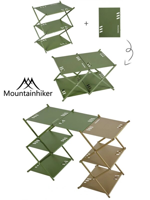 MOUNTAINHIKER-Prateleira de acampamento ao ar livre de alumínio, portátil dobrável BBQ Storage Rack, mesa, 3 camadas, 3 painéis, 2 camadas, 4 painéis