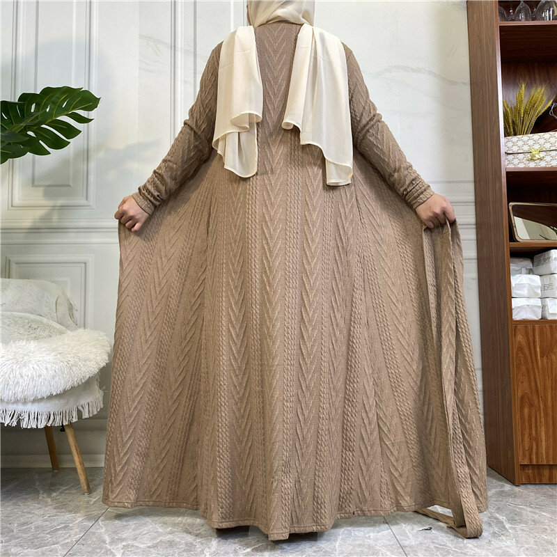 Sweter Wepbel Kardigan Wanita Abaya Terbuka Sweter Kardigan Muslim Rajutan Musim Gugur Musim Dingin dengan Saku Mantel Besar Kimono Kaftan