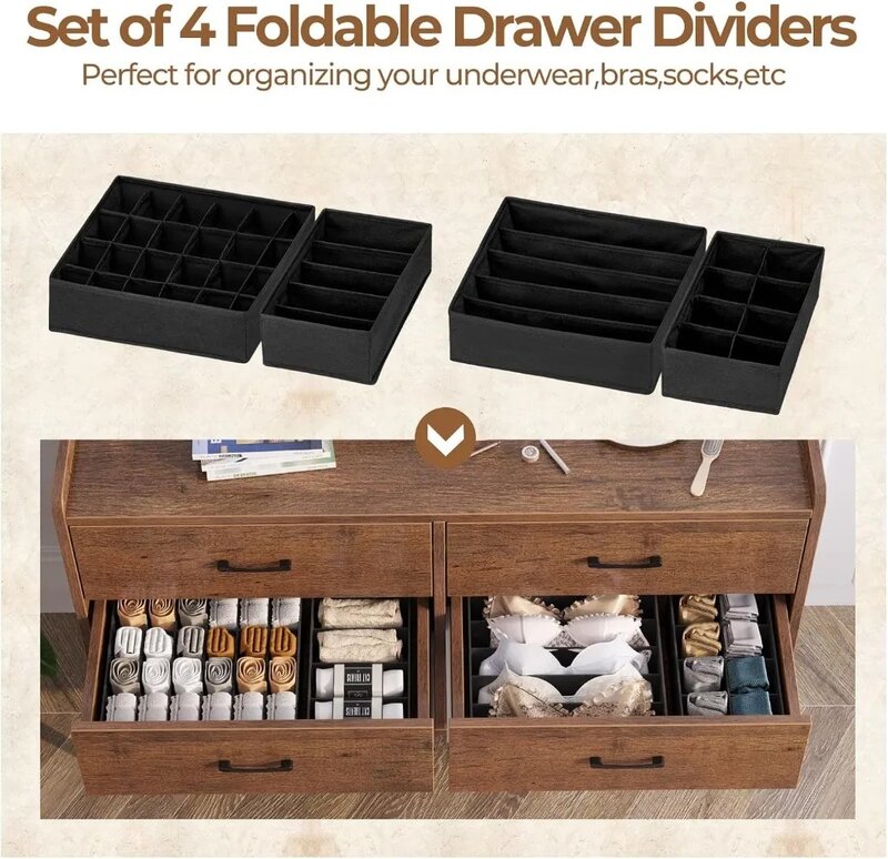 Rolanstar Drawer Dresser Quick Install, 6 Wooden Drawers Storage Dresser with Set of 4 Foldable Drawer Dividers