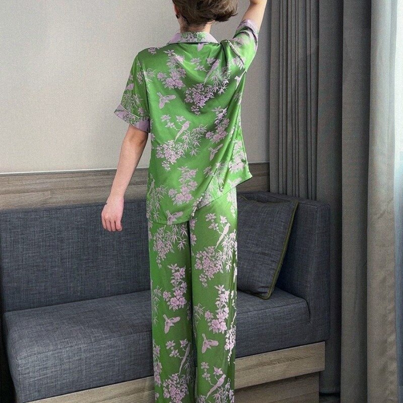 Conjunto de pijama feminino de três peças, pijamas finos, manga curta, seda gelada, loungewear luxuoso, serviço doméstico, primavera e outono, novo