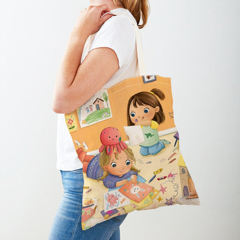 Bolsa de compras de desenhos animados para mulheres e meninas, reutilizável, dobrável, casual, lona, menina, sacolas, bolsa de viagem