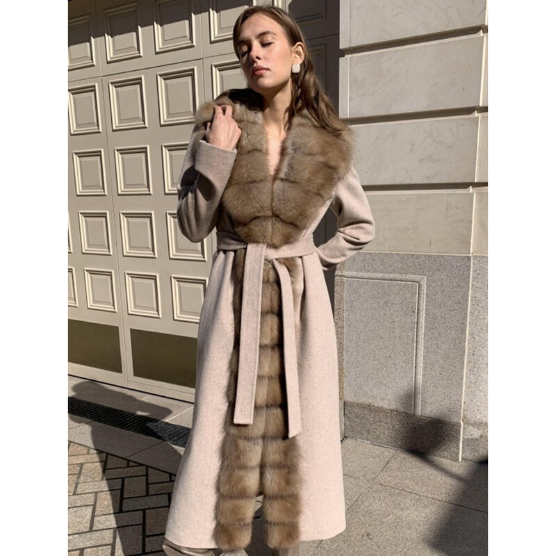 Chaquetas de piel de invierno para mujer, abrigo de lana con cuello de piel de zorro Real, chaqueta de mezcla de lana larga de lujo