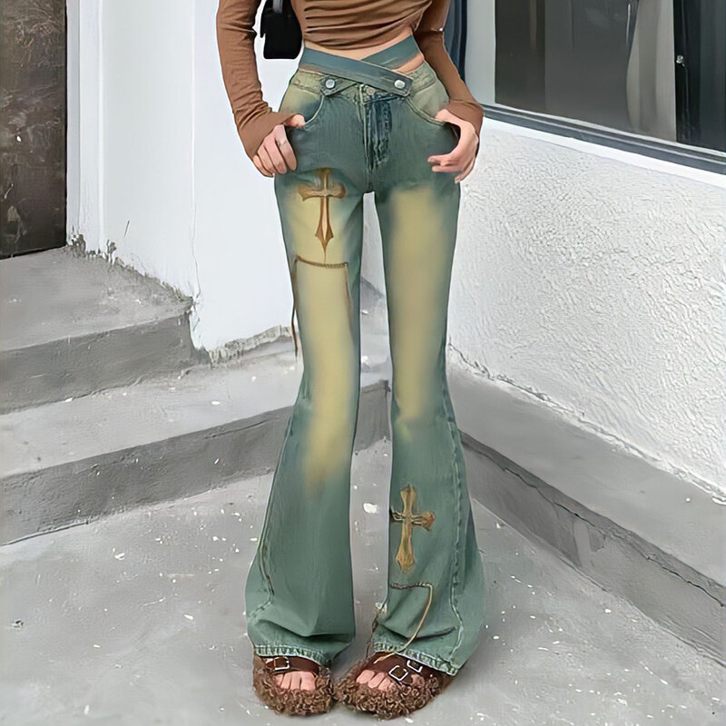 Y2k Pakaian Jalanan Antik Jeans Wanita Berbordir Pinggang Tinggi Lebar Kaki Celana Ketat Mode Gyaru Celana Denim Jepang