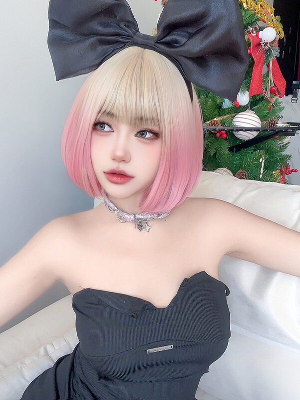 12Inch Lolita Blonde Gradiënt Roze Synthetische Pruik Met Bang Kort Natuurlijk Steil Haar Voor Vrouwen Cosplay Party Hittebestendig