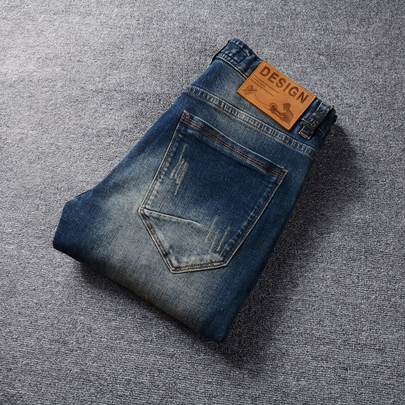 Modne designerskie męskie jeansy Retro sprany niebieski elastyczne rozciągliwe dopasowanie dopasowane porwane jeansy męskiego haft Vintage spodnie dżinsowe Hombre