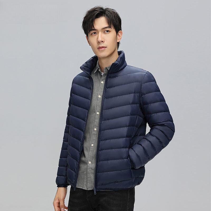 Mantel bulu angsa tipis untuk pria, jaket Luaran kerah berdiri kasual warna polos H491 Ultra ringan musim dingin 2023