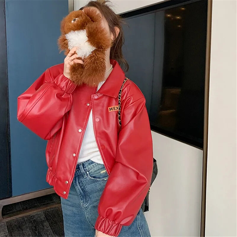 Y2K2024 Spring And Autumn Women'S New Fashion Leisure Commuter High Street Red Coat Loose Motorcycle Leather 