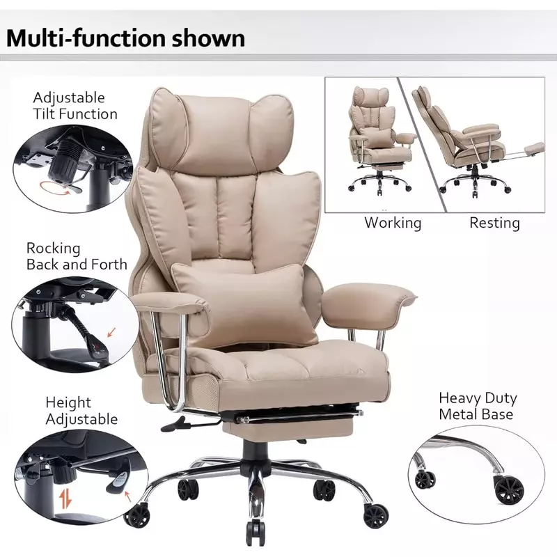 Kursi kantor dan meja 400lbs, kursi kantor tinggi, kursi komputer kulit PU, kursi kantor krem gelap dengan sandaran kaki dan penopang pinggang