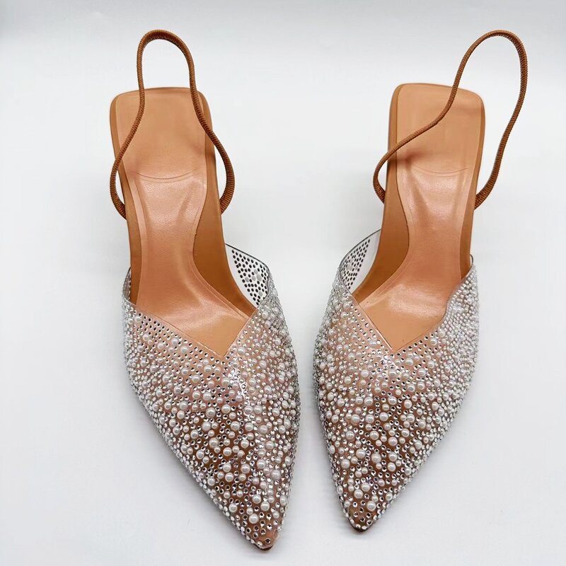 New 2024 Women's Shoes Brown Artificial Pearls With High Heels and Pointed Shoes Sandals Women