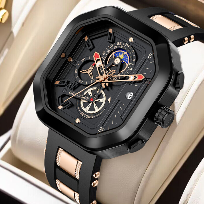 Часы наручные LIGE Мужские кварцевые, брендовые Оригинальные спортивные водонепроницаемые с силиконовым ремешком, с хронографом